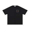 Black t-shirt with a logo on the chest against a white background