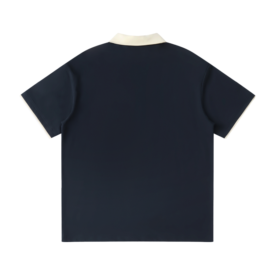 Navy blue polo shirt with white collar on a white background