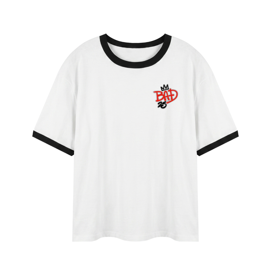 White t-shirt with black trim and red logo on a white background