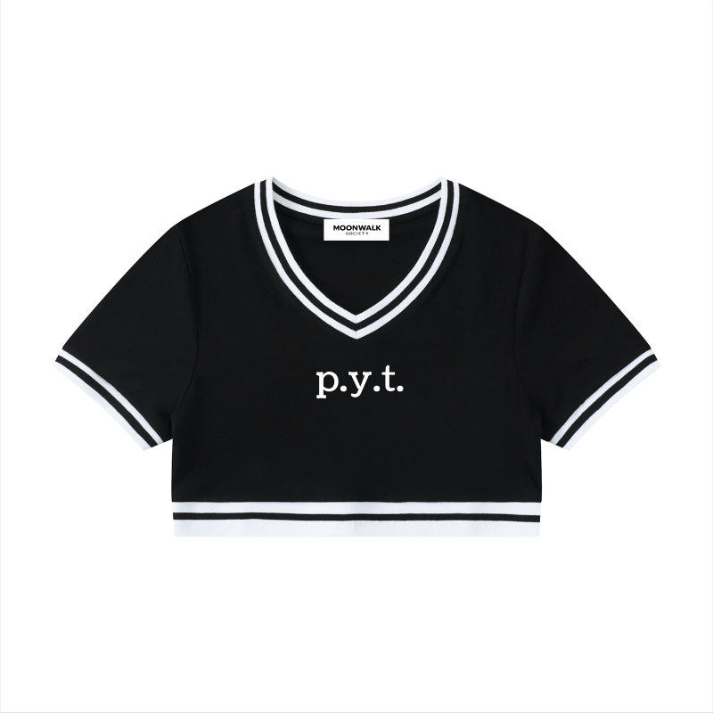Black crop top with white trim and 'p.y.t' text on a white background