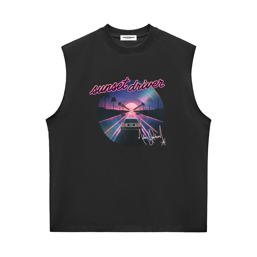 Black sleeveless shirt with 'sunset driver' graphic design on a white background