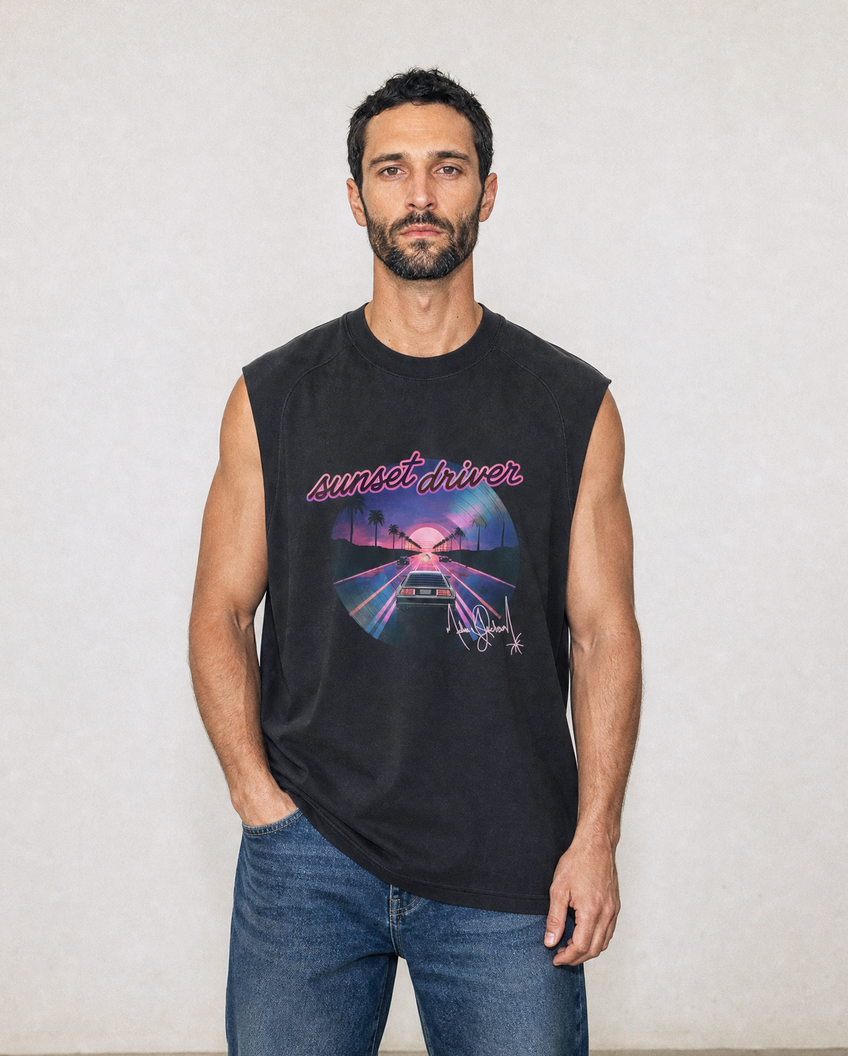 Sunset Driver Men's Retro Sleeveless Top - Black